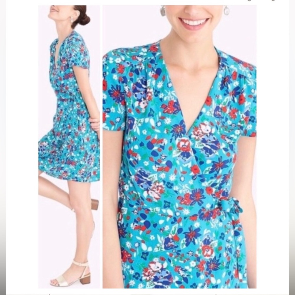 J. Crew Blue Floral Print Wrap Mini Dress 4 NWT